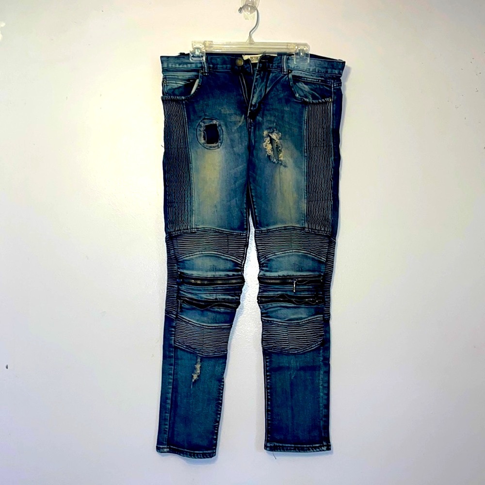 DSTAKT DENIM Biker Skinny Zippers Moto Blue Jeans 32X32